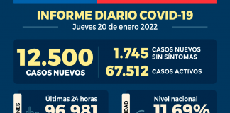 COVID-19: Se reportan 12.500 nuevos casos y 96.981 exámenes a nivel nacional en las últimas 24 horas con una positividad de 11,69%